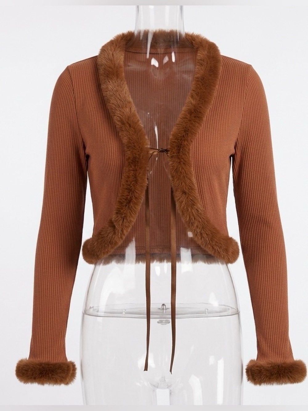Daisy Faux-Fur Trim Ribbed Cropped Cardigan - Brown